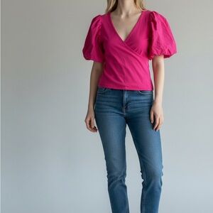Maeve Puff-Sleeve Wrap Top in a fuchsia/Barbie pink color